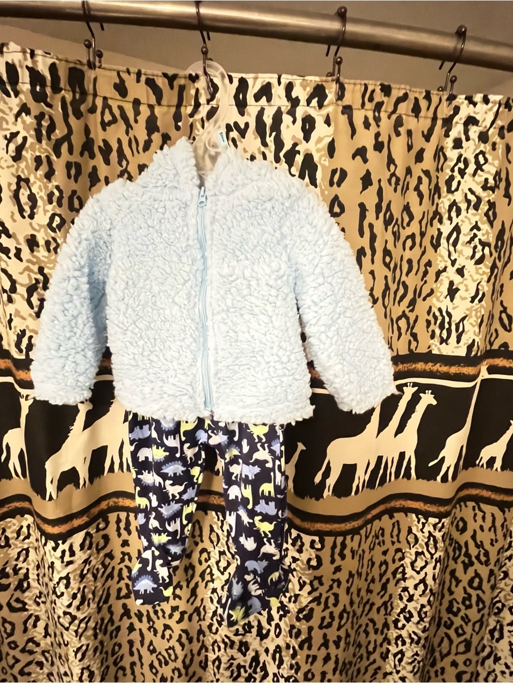 Kidgets Light Blue Sherpa Jacket and Navy Dinosaur Joggers Set